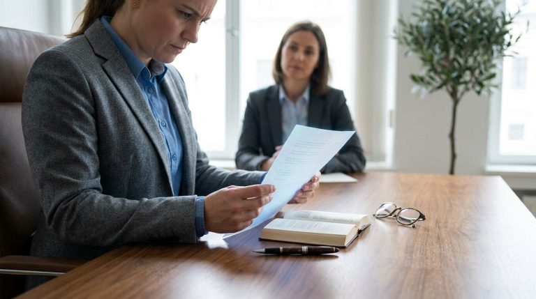 Une avocate examine attentivement un document juridique à son bureau, avec une collègue en arrière-plan.