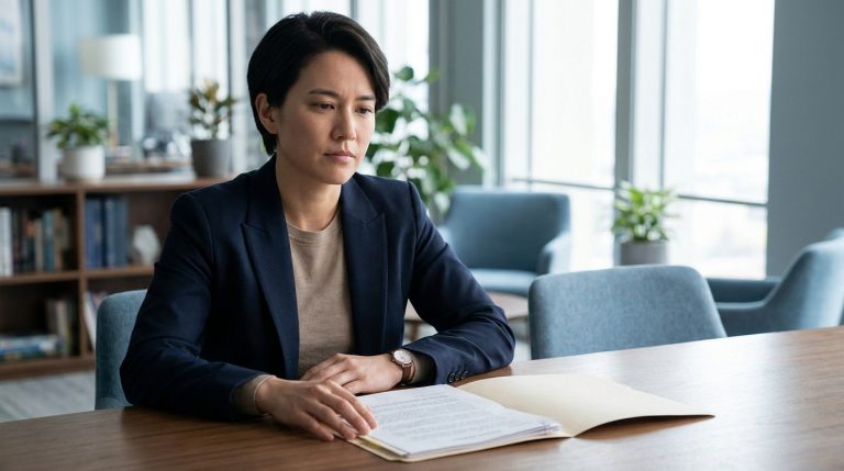 Une femme à l'air préoccupé assise seule à une table de bureau avec des documents.